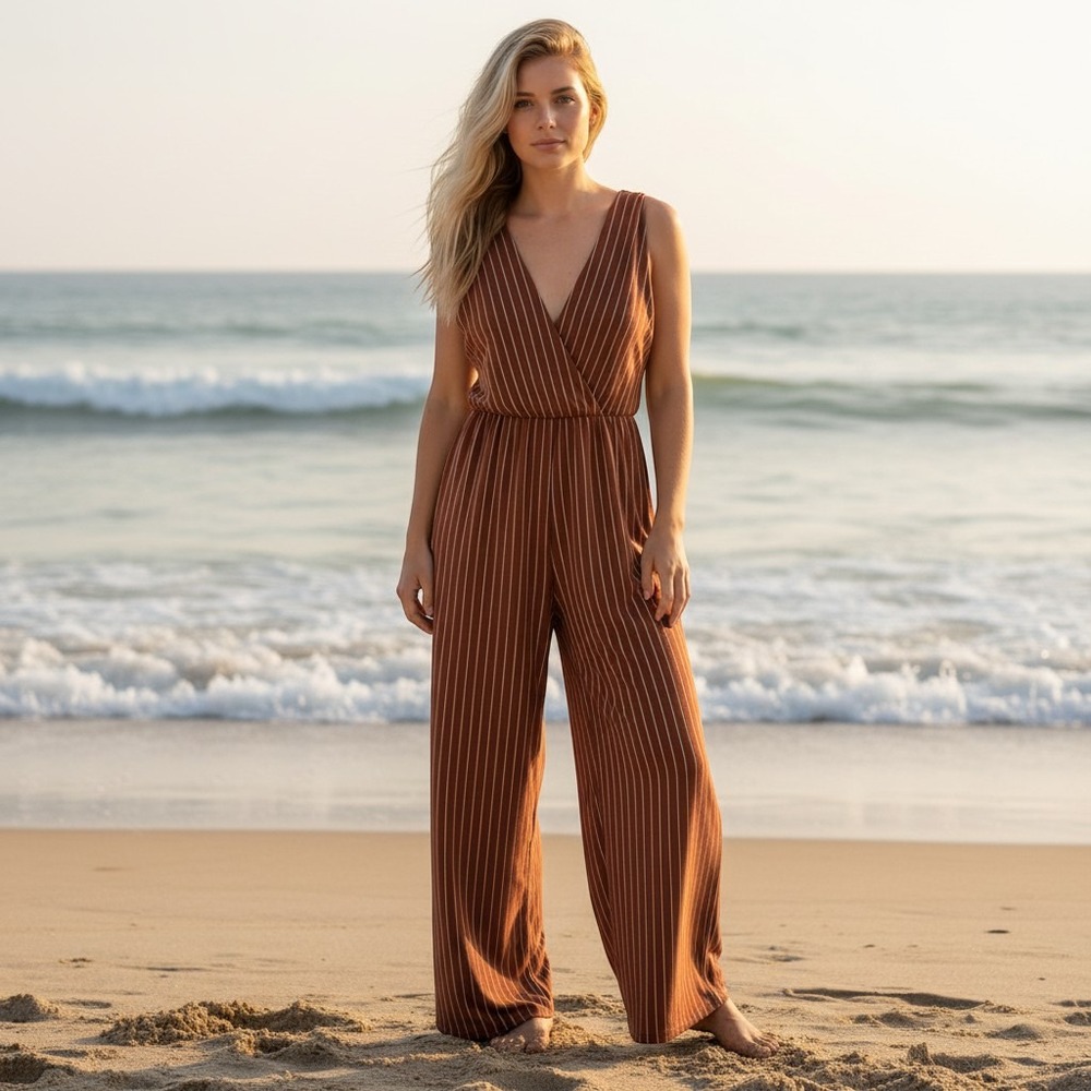 New‎ PrettyLittleThing V-Neck Pinstripe Wide Leg Jumpsuit Rust Orange Size 8
